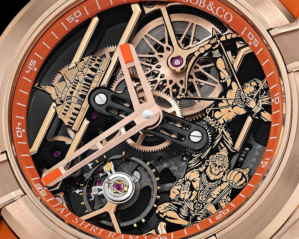 Luxury full Automatic Shree Ram Edition Watch for Men– Women Heavy Open Machine Design with Orange Straps, Shri Ram ji & Hanuman ji Artwork, – Rose Gold Finish